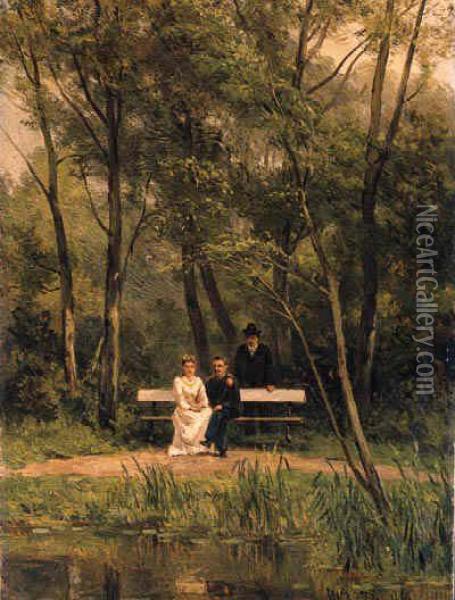 An Elegant Couple Seated On A Bench In A Park With An Attendentstanding Nearby Oil Painting - Jan Willem Van Borselen