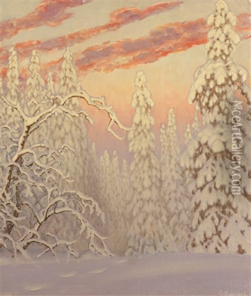 Winter Landscape Under Crimson Sky Oil Painting - Gustaf Fjaestad