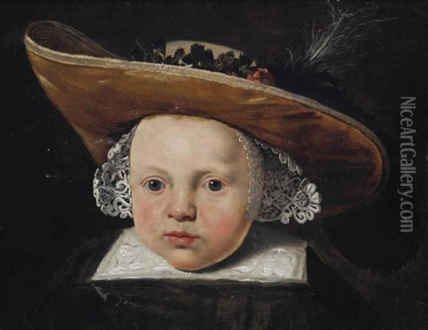 Portrait Of A Boy, Bust-length, In A Black Gown And Beige Plumed Hat With Flowers: A Fragment Oil Painting - Paulus Moreelse