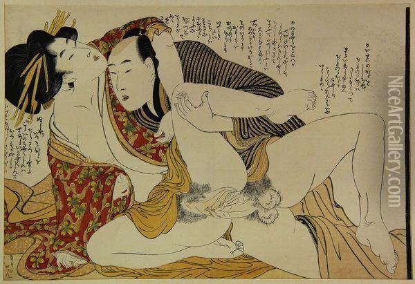 Couple Enlace, La Femme En Kimono Decore De Fleurs De Cerisiers Sur Fond Rouge. Oil Painting - Kitagawa Utamaro