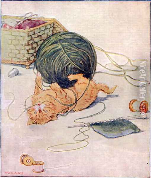 Wee Kitty thinks, I love to play..., illustration from Cuddly Kitty and Busy Bunny, by Clara G. Dennis, published by Thomas Nelson and Sons, Ltd., 1926 Oil Painting - Alan Wright