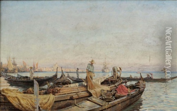 Bateaux A Quai, Venise Oil Painting - Jean-Baptiste-Arthur Calame