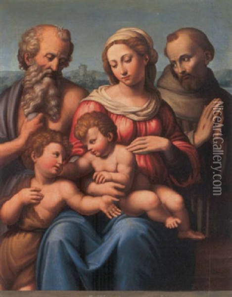 The Madonna And Child With The Infant Saint John The Baptist And Saints Jerome And Francis Oil Painting - Innocenzo di Pietro (da Imola) Francucci