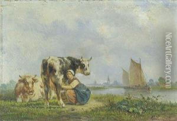 Maiden Milking A Cow Oil Painting - Albert Jurardus van Prooijen