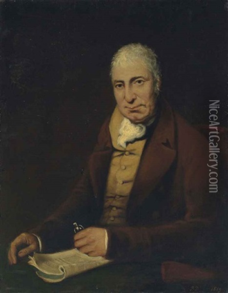 Portrait Of Gentleman, Seated Half Length At A Table, Wearing A Brown Coat, Mustard Waistcoat And Stock, Holding His Spectacles, With A Magazine Oil Painting - Benjamin Duterrau