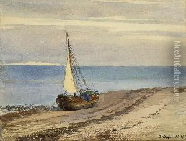 Fischerboot Am Strand. Oil Painting - Oskar Begas