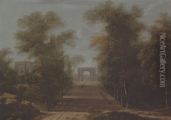 An Italianate Landscape With A Triumphal Arch And A Villa Near An Avenue Of Trees Oil Painting - Frederick De Moucheron