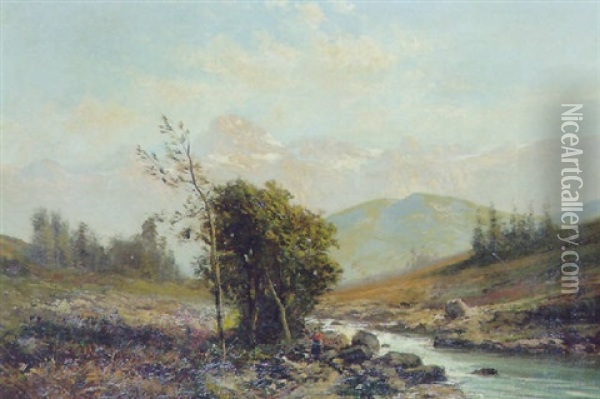 Sydeuropaeisk Bjerglandskab Med Flodlob  I Forgrunden Oil Painting - Ernest Emile Armand-Delille
