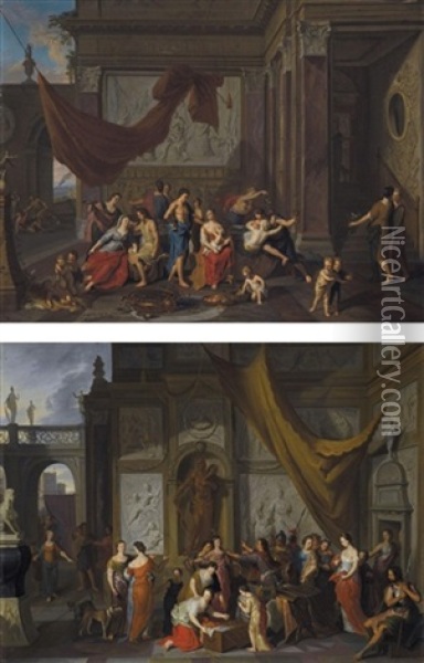 Achilles And The Daughters Of Lycomedes (+ A Classical Scene With Figures Feasting; Pair, Collab. W/studio)) Oil Painting - Gerard Hoet the Elder