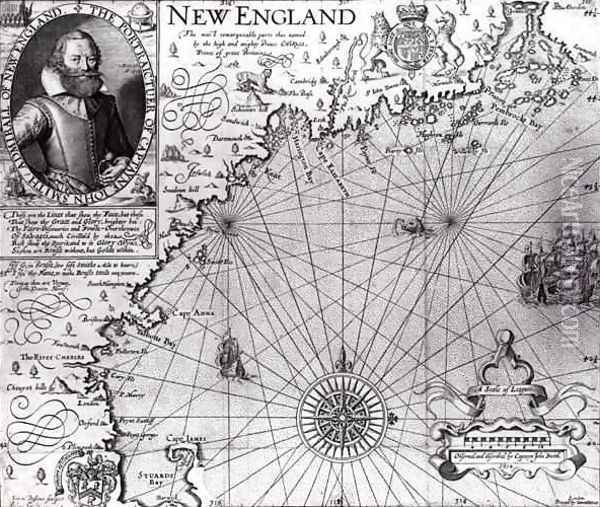 Map of the Coast of New England, Observed and Described by Captain John Smith 1580-1631 1614, from Generall Historie, 1624 Oil Painting - Simon de Passe