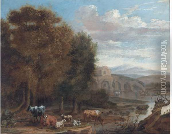 Cattle And Goats Resting By A Lake Oil Painting - James Stark