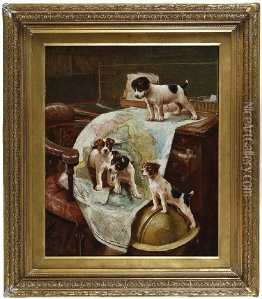 World Domination, Four Puppies In A Library Over A Creased Map Of The World Oil Painting - John Hayes