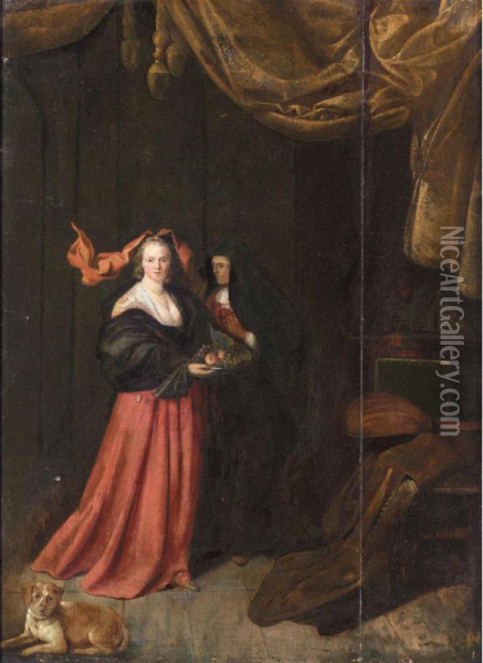 An Interior With A Young Lady Holding A Plate Of Fruit Together With An Elderly Lady And A Dog Resting In The Foreground Oil Painting - Pieter Jacobsz. Duyfhuysen