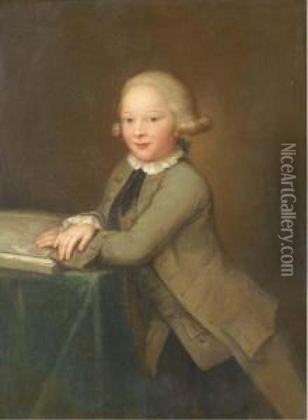Portrait Of A Boy, Three-quarter-length, Leaning Against A Tablewith A Map Oil Painting - Jens Juel