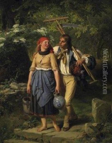 Young Couple Returning From The Forest Trail Oil Painting - Jakob Becker