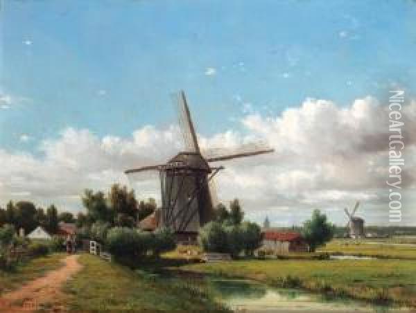 A Summer Landscape With Villagers On A Track By A Windmill Oil Painting - Jacob Jan van der Maaten