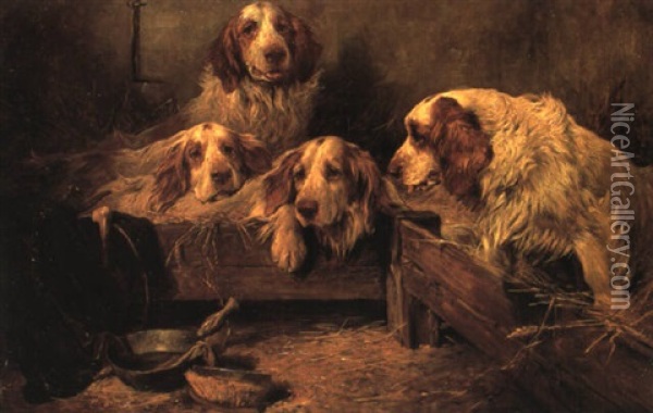 Spaniels In A Stable Oil Painting - John Emms