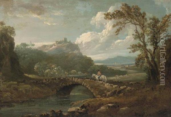 A Horse And Rider On A Stone Bridge Oil Painting - Richard Wilson