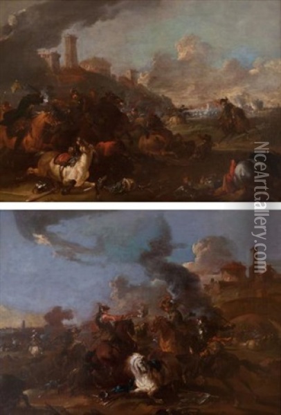 Choc De Cavalerie (pair) Oil Painting - August Querfurt