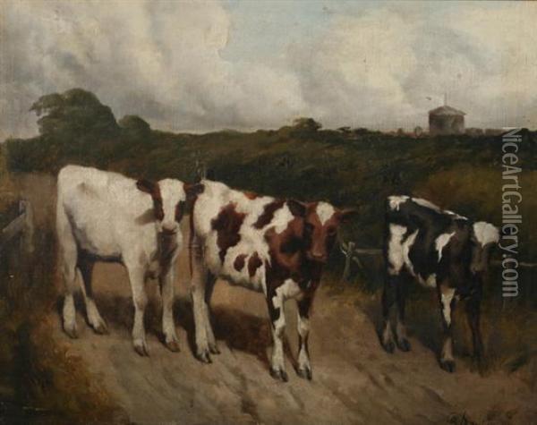 Cows On Path In Meadow Oil Painting - G. Davis