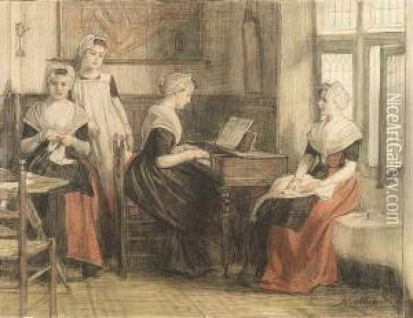 Netherlands Interior With Four Young Ladies, One Of Them Playing On A Piano Oil Painting - Nicolaas Van Der Waay