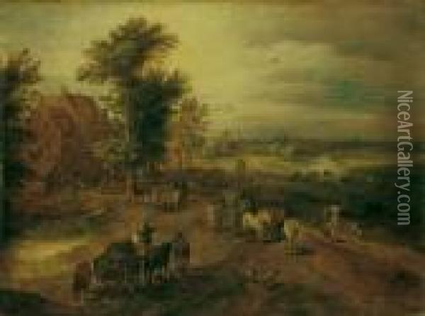 Fuhrwerken. Ol Auf Holz. H 32,5; B 44 Cm Oil Painting - Jan The Elder Brueghel