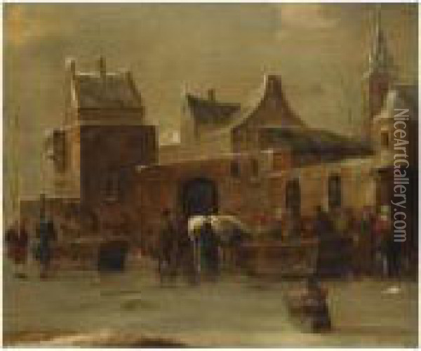 A Winter Landscape With Figures 
And Horses Outside The City Wall, On A Frozen River, A Child On A Sleigh
 In The Foregroud Oil Painting - Claes Molenaar (see Molenaer)