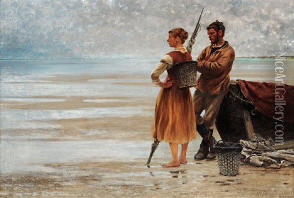 Strandbild Med Fiskare Oil Painting - August Vilhelm Nikolaus Hagborg