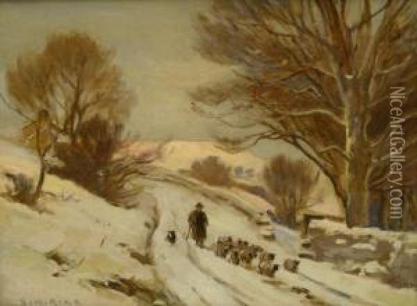 Snow Scene In A North Yorkshire Village Oil Painting - Ernest Higgins Rigg