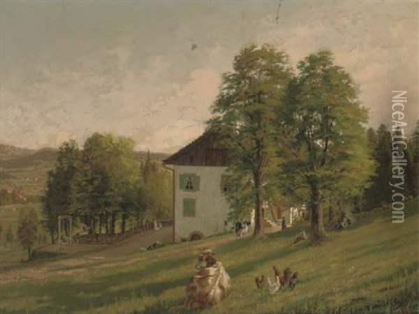 Towards Dusk At A Swiss Chalet Oil Painting - Edouard Jeanmaire