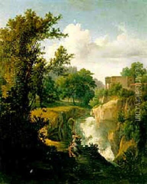 Figures In A Classical Landscape Oil Painting - Karoly Marko the Younger
