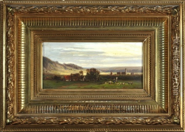 Dorf In Weiter Baumlandschaft Mit Schafweide Oil Painting - Joseph Hahn