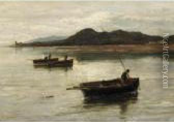Fishing Boats Off The Shore Oil Painting - Edwin Ellis