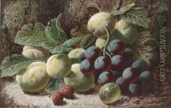 Grapes, Greengages, Raspberries,
 And A Gooseberry, On A Mossy Bank;and Plums, Whitecurrants, A Peach And
 A Strawberry, On A Mossybank Oil Painting - Oliver Clare