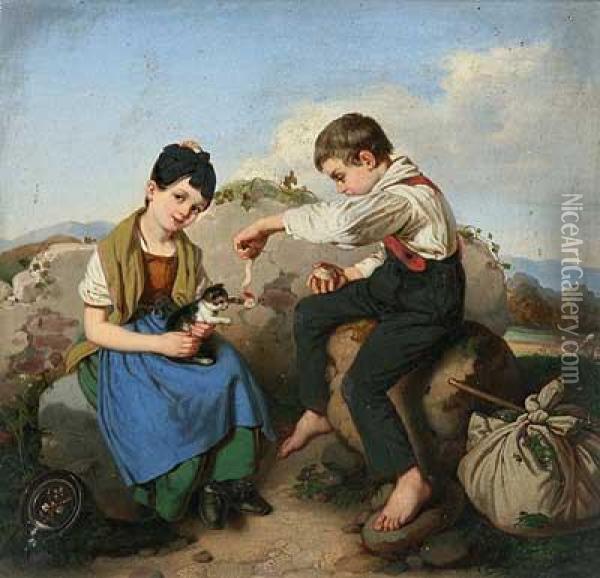Rastende Bauernkinder Mitspielendem Katzchen Vor Sommerlandschaft Oil Painting - Johann Jacob Norbert Grund