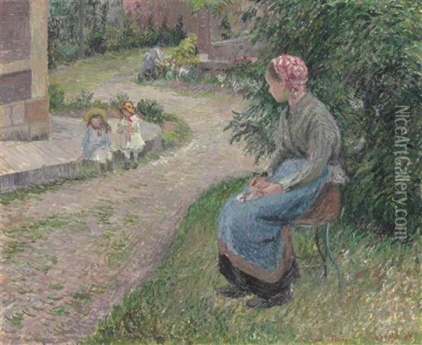 La Servante Assise Dans Le Jardin D'eragny Oil Painting - Camille Pissarro
