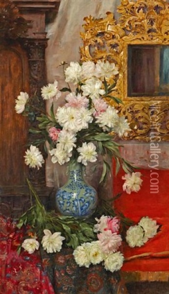 A Still Life Of Peonies In A Vase Oil Painting - Albert Aublet