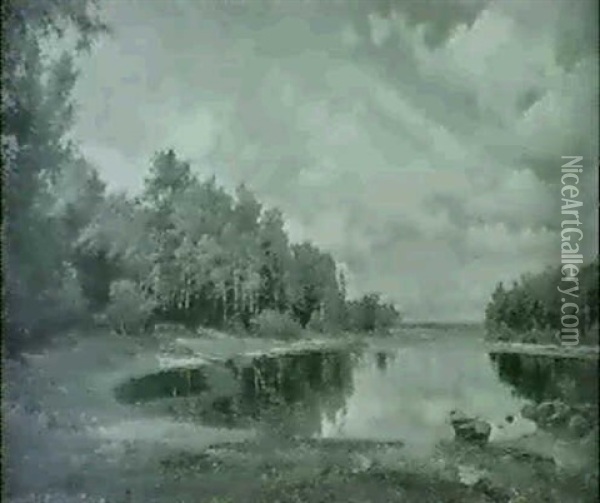 Svensk Landskab Med So Omkranset Af Birketraeer Oil Painting - Gustava-Elisabeth Bergman