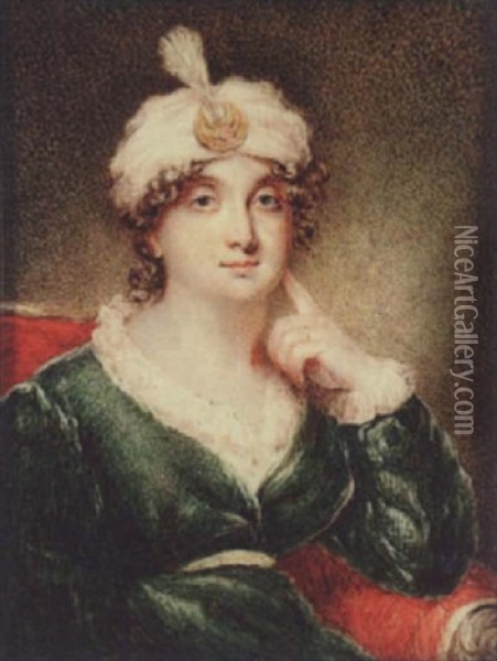 Lady Caroline Lamb Wearing Decollete Green Dress With White Lace Collar And Cuffs, White Turban With Gold Pin, She Touches Her Face With Her Left Hand Oil Painting - Anne Mee