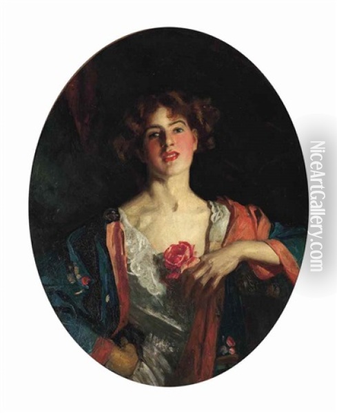 Portrait Of Mrs Bury Barry Holding A Rose Oil Painting - Maurice Greiffenhagen