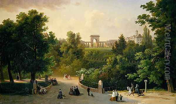 View from the Karlsaue Gardens to the Friedrichsplatz, 1865 Oil Painting - Eduard Stiegel