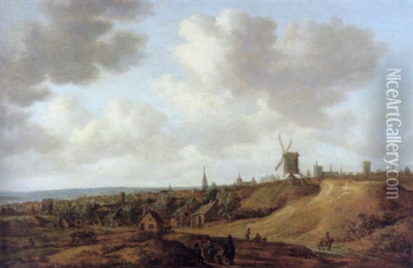 An Extensive View Of A Dutch Town With A Windmill, Several Figures On A Path In The Foreground Oil Painting - Jan de (Johannes IV) Vos