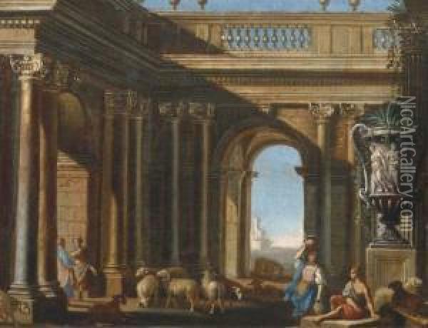 An Architectural Capriccio With Figures Conversing By A Classicalroman Vase Oil Painting - Domenico (Micco Spadaro) Gargiulo