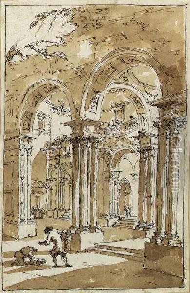 A Capriccio With Ruined Arches Oil Painting - Francesco Guardi