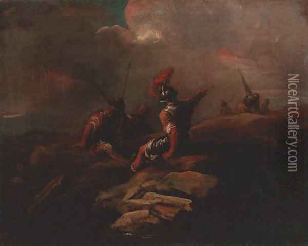 Banditti in an extensive rocky landscape Oil Painting - Salvator Rosa