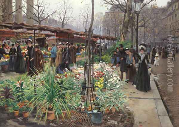 A Flower Market, Paris Oil Painting - Victor Barvitius