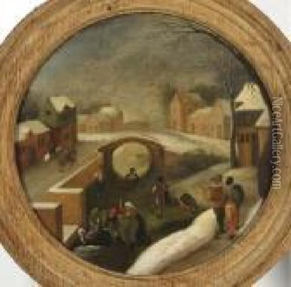 Winter Scene With Skaters On A Frozen Canal In A Village Oil Painting - Jacob Grimmer