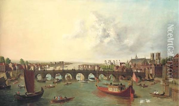 View of the Thames, with Westminster Bridge from the North on Lord Mayor's Day Oil Painting - (Giovanni Antonio Canal) Canaletto