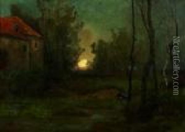 Sonnenuntergang An Einem Waldschloschen Oil Painting - Georg Oeder