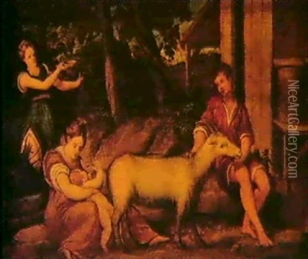 A Pastoral Landscape Possibly Depicting The Infancy Of      Jupiter Oil Painting - Bonifazio de Pitati